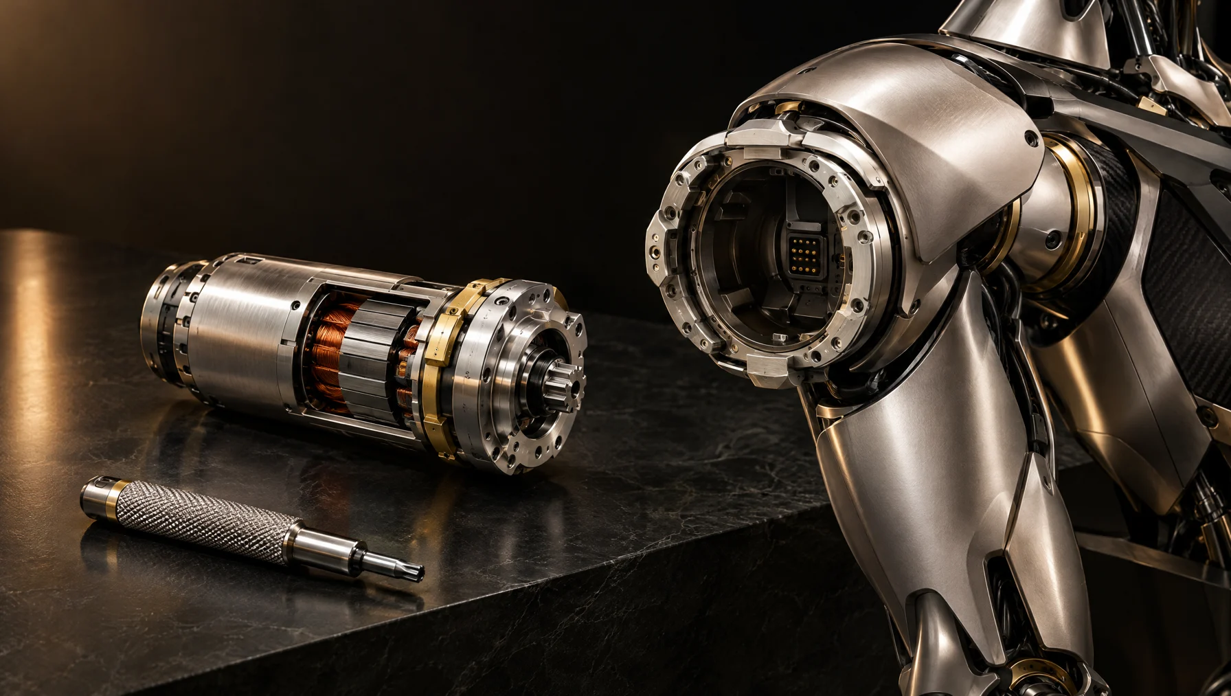 Exploded concept of a replaceable robot shoulder actuator and machined locking interface
