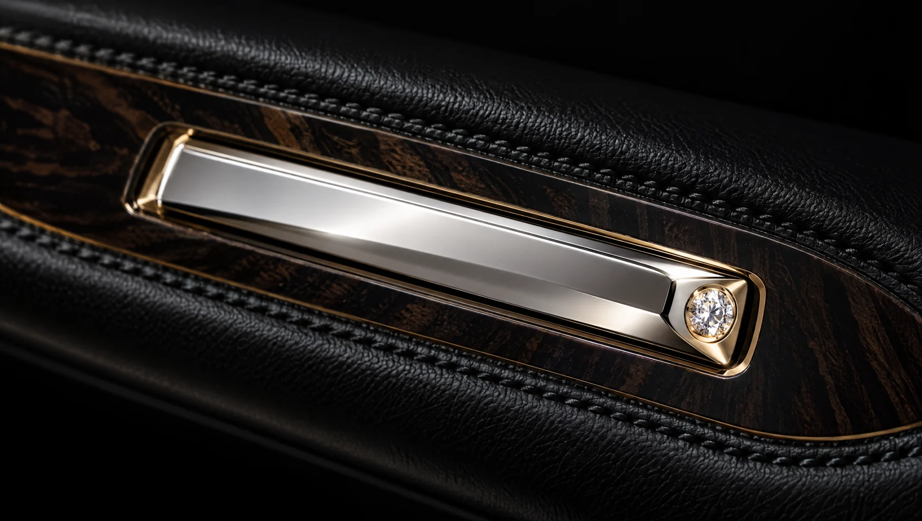 Diamond-set platinum control in black leather and ebony marquetry, concept detail