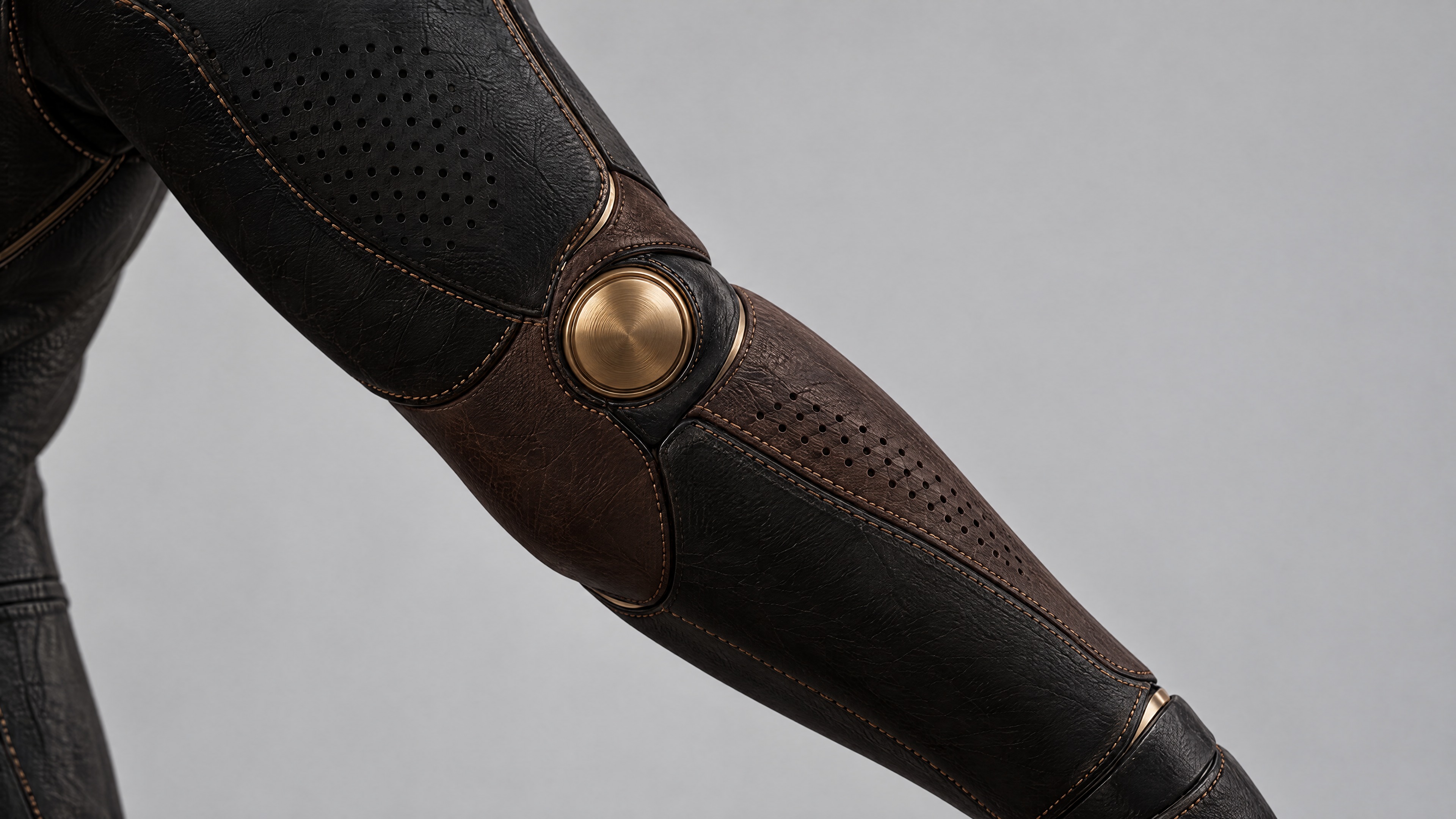 A leather-covered knee joint with brass detailing