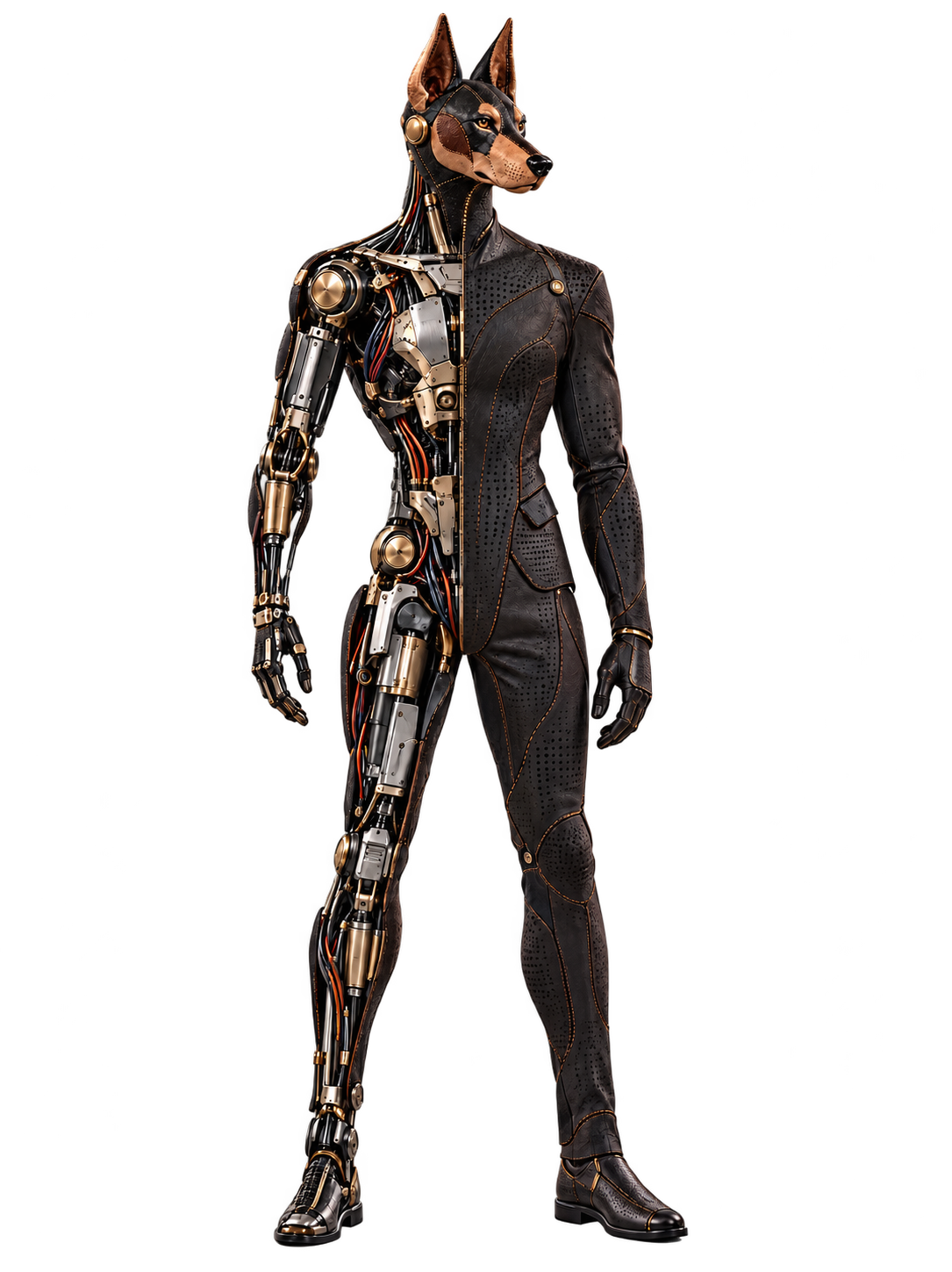 The full half-mechanical Gentleman robot, isolated on a dark background