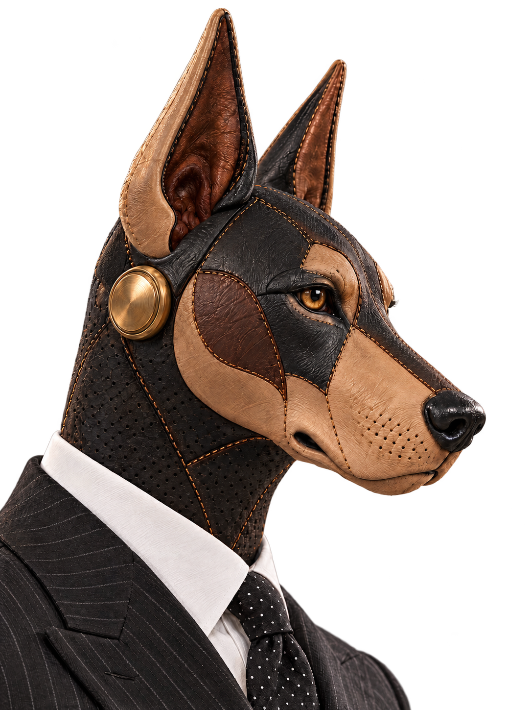 A close detail of the hand-finished Doberman robot head