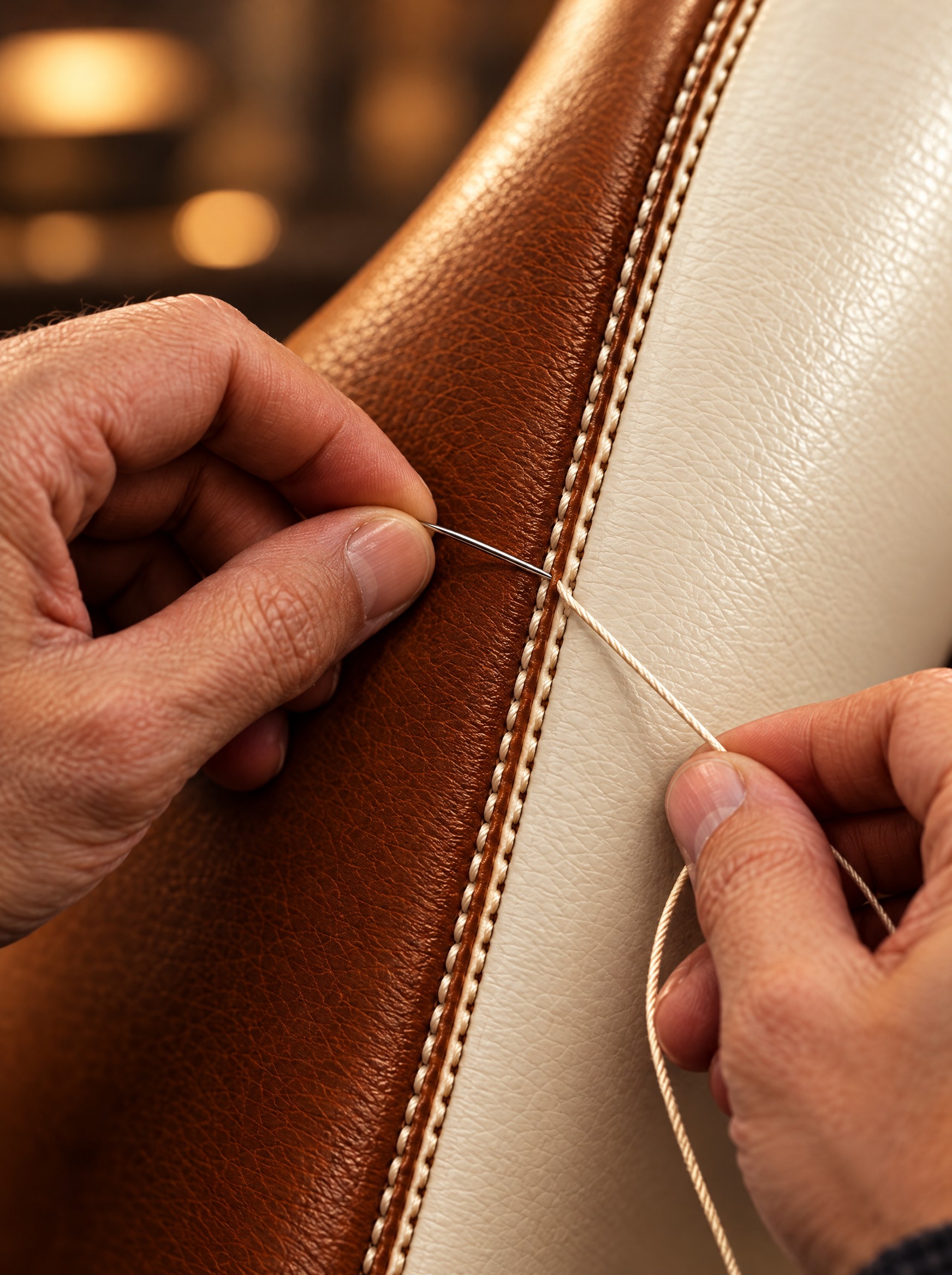 The V7 atelier hand-stitching a leather seam